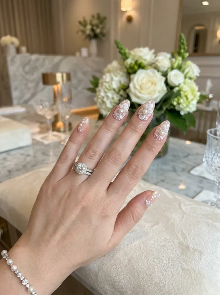 wedding nail ideas 2026 nude almond nails with white floral nail art