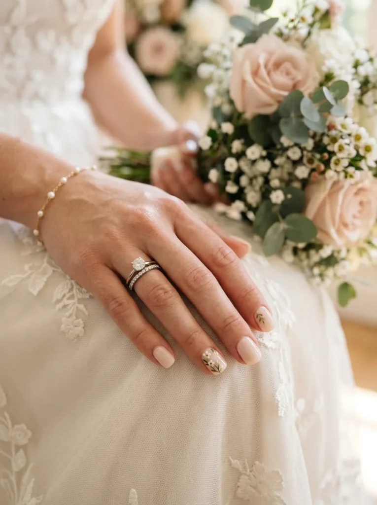 wedding nail ideas 2026 minimal nude floral accent nail with gold foil
