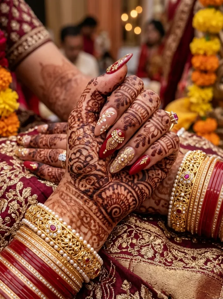 wedding nail ideas 2026 traditional indian bridal nails red gold mehndi