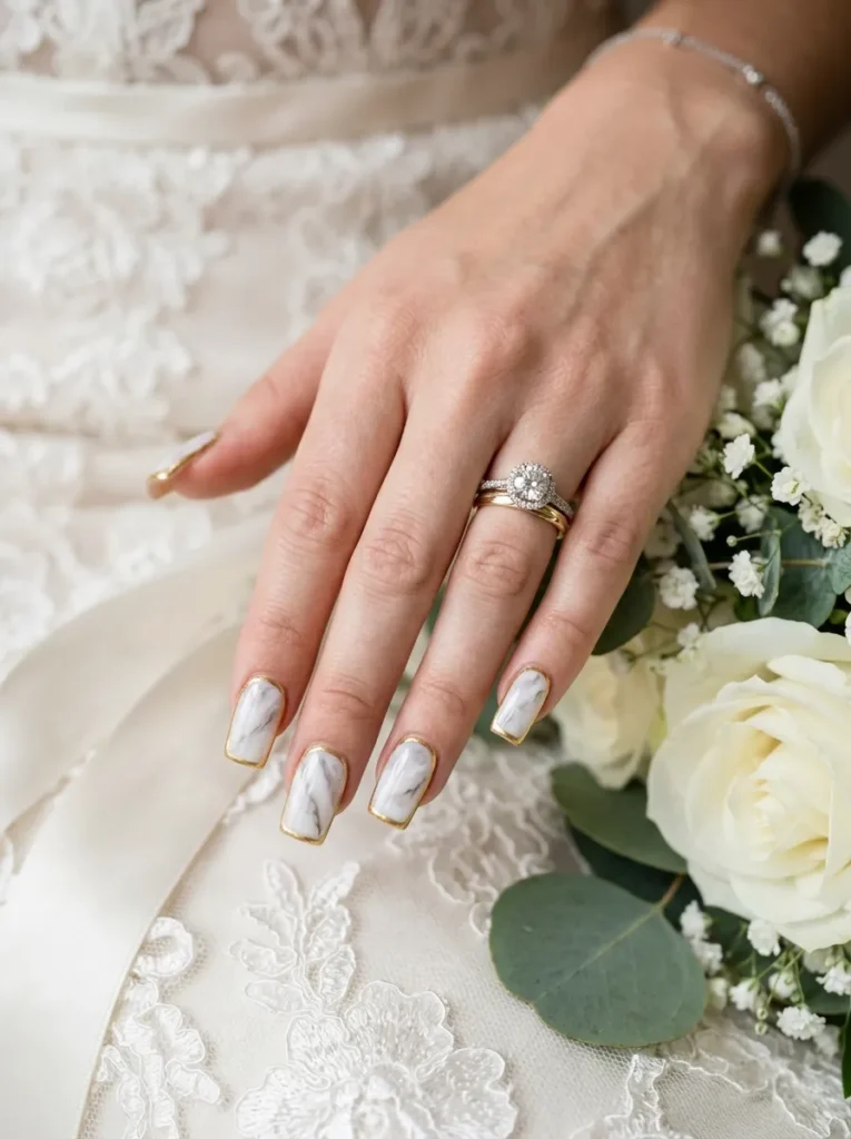 wedding nail ideas 2026 white marble nails with gold outline accents