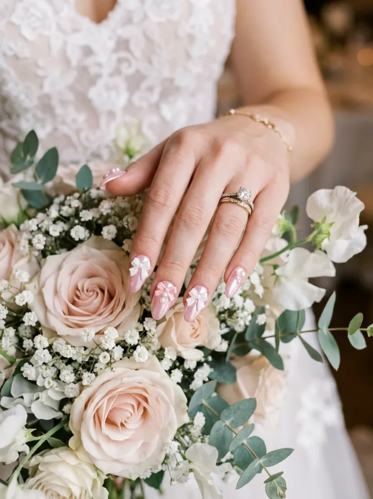 wedding nail ideas 2026 pastel pink chrome coffin nails pearl 3d florals