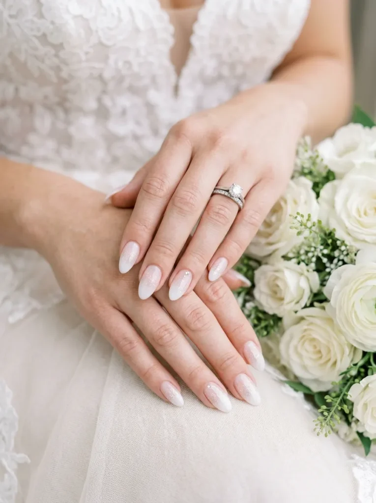 wedding nail ideas 2026 baby boomer glitter fade nails crystal accents