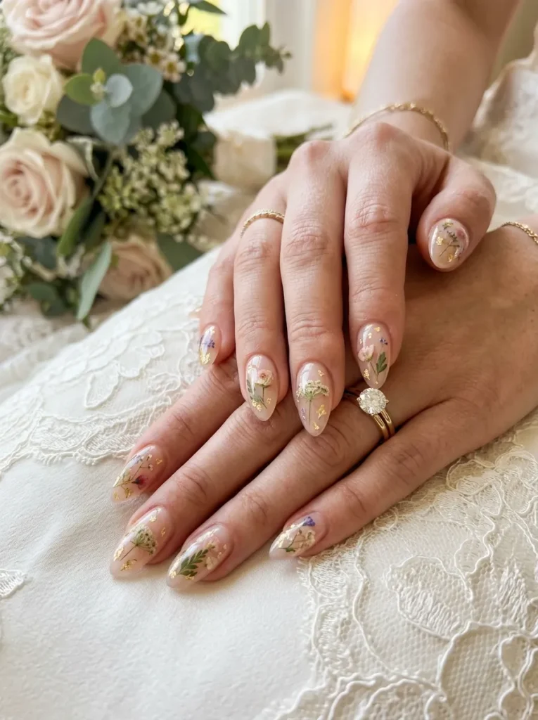 wedding nail ideas 2026 nude dried flower nail art gold foil bridal