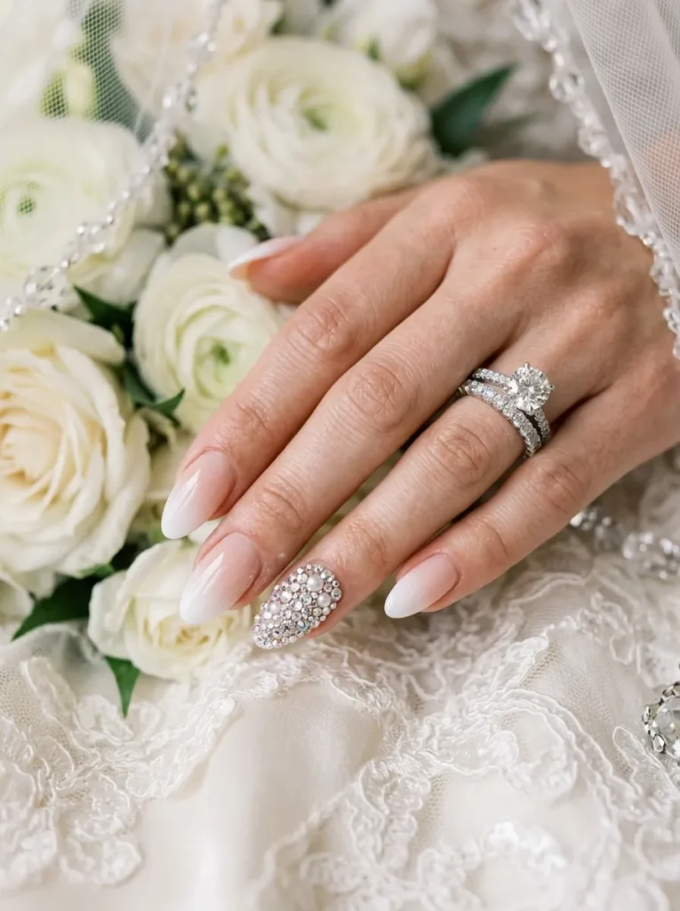 wedding nail ideas 2026 minimal ombre nails full crystal accent nail
