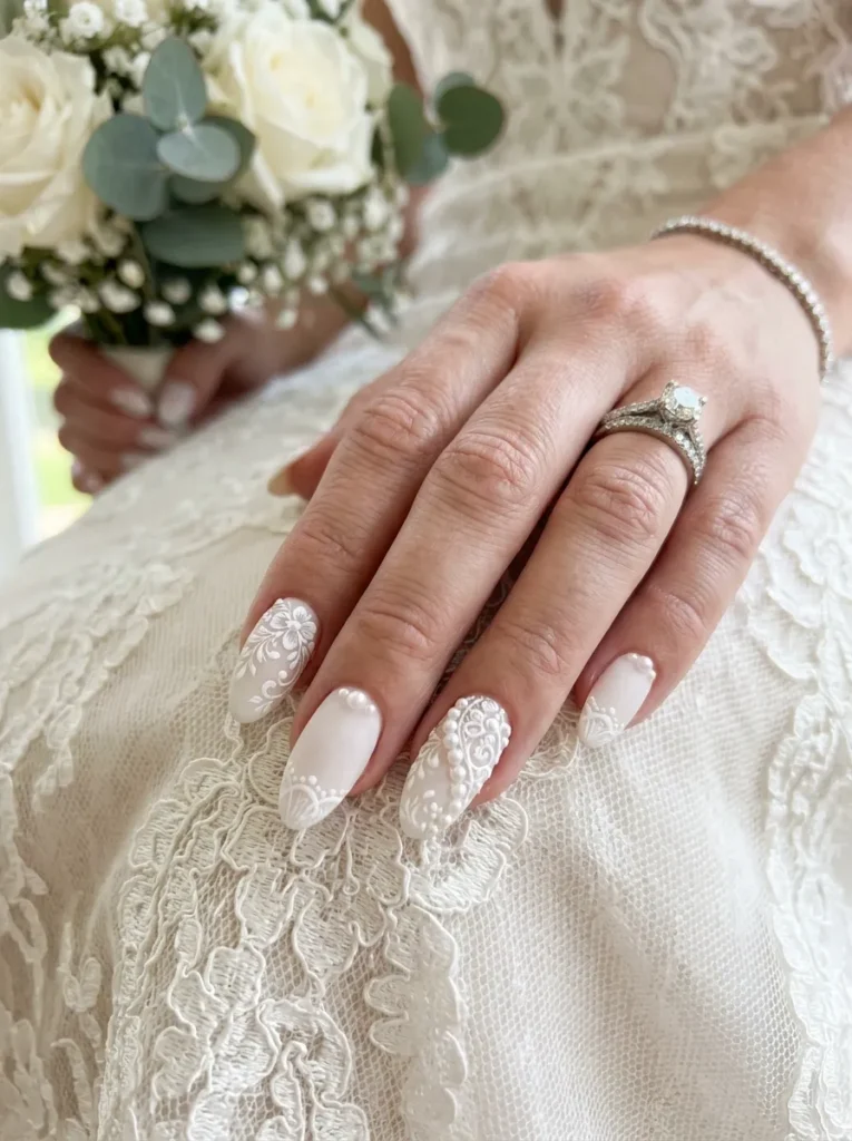 wedding nail ideas 2026 white lace floral nails pearl accents matte almond