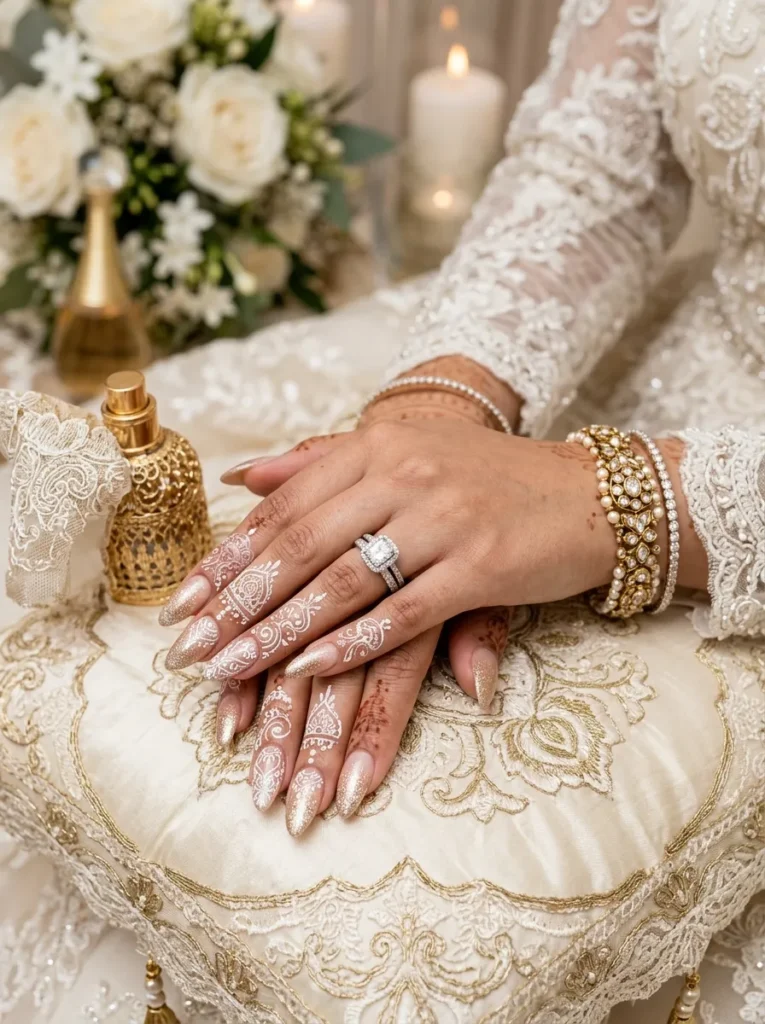wedding nail ideas 2026 royal henna style nail art glitter nude base