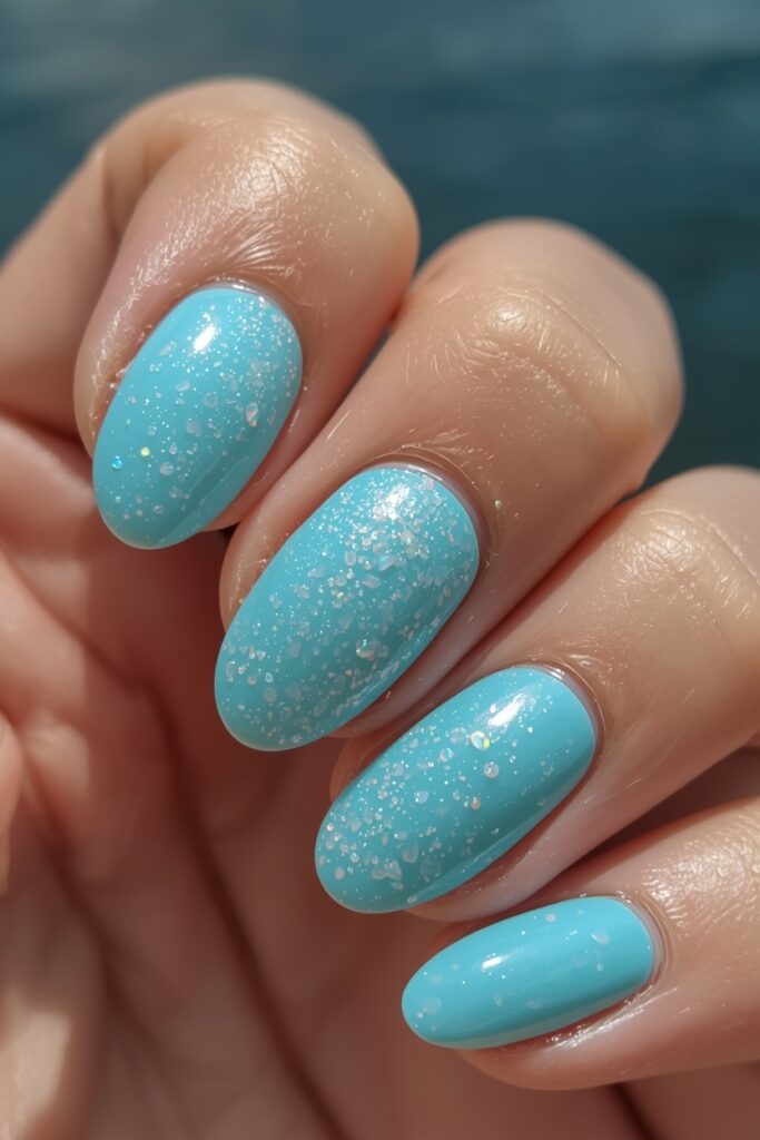 turquoise glazed donut nails summer 2026 ocean pearl chrome finish