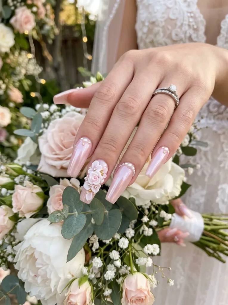 wedding nail ideas 2026 pink coffin nails pearls 3d floral embellishments