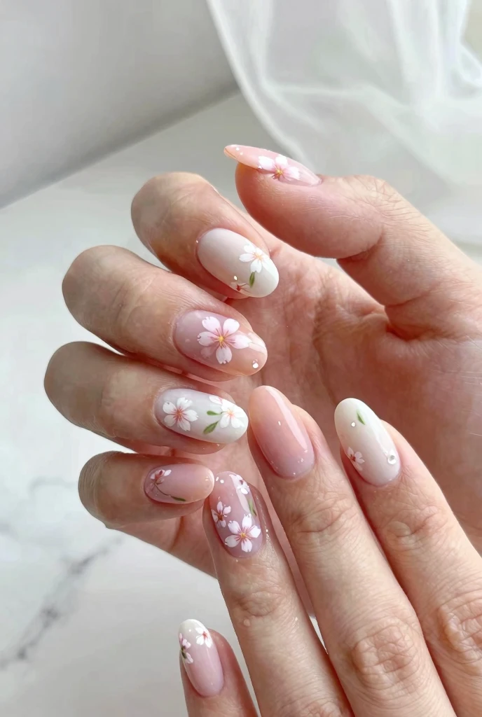 spring nail ideas 2026 with cherry blossom nail art in blush pink and white on almond nails