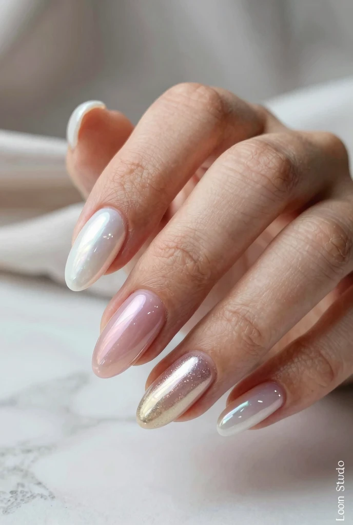 spring nail ideas 2026 with glazed donut nails in pearl white chrome on almond shape