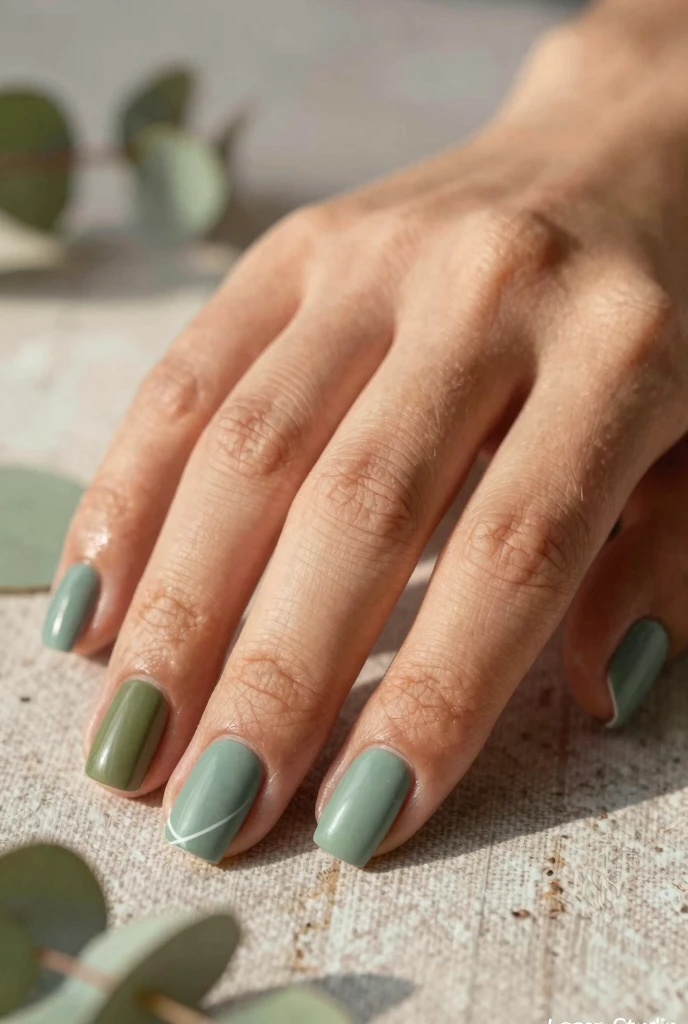 spring nail ideas 2026 with matte sage green nails and minimal white line design on short square nails