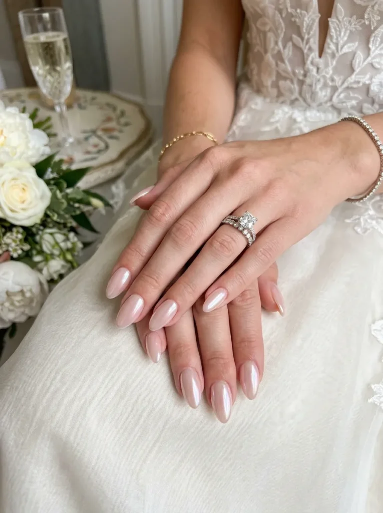 wedding nail ideas 2026 glazed donut pearlescent pink almond bridal nails