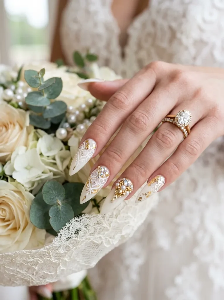wedding nail ideas 2026 luxury ivory stiletto lace pearl gold crystal nails