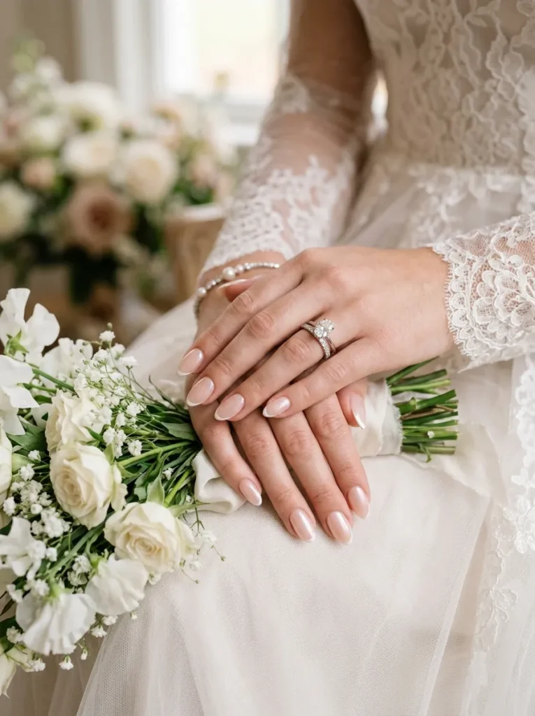 wedding nail ideas 2026 nude pink classic french tip almond bridal manicure