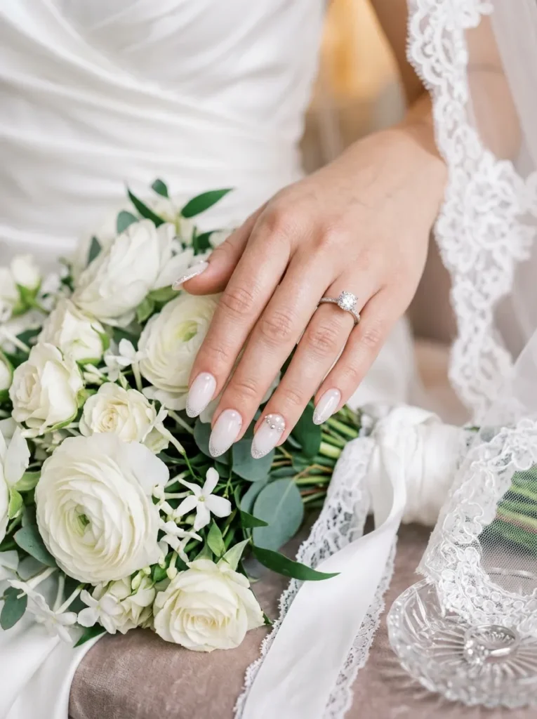 wedding nail ideas 2026 soft ivory pearl accents glitter french tips almond