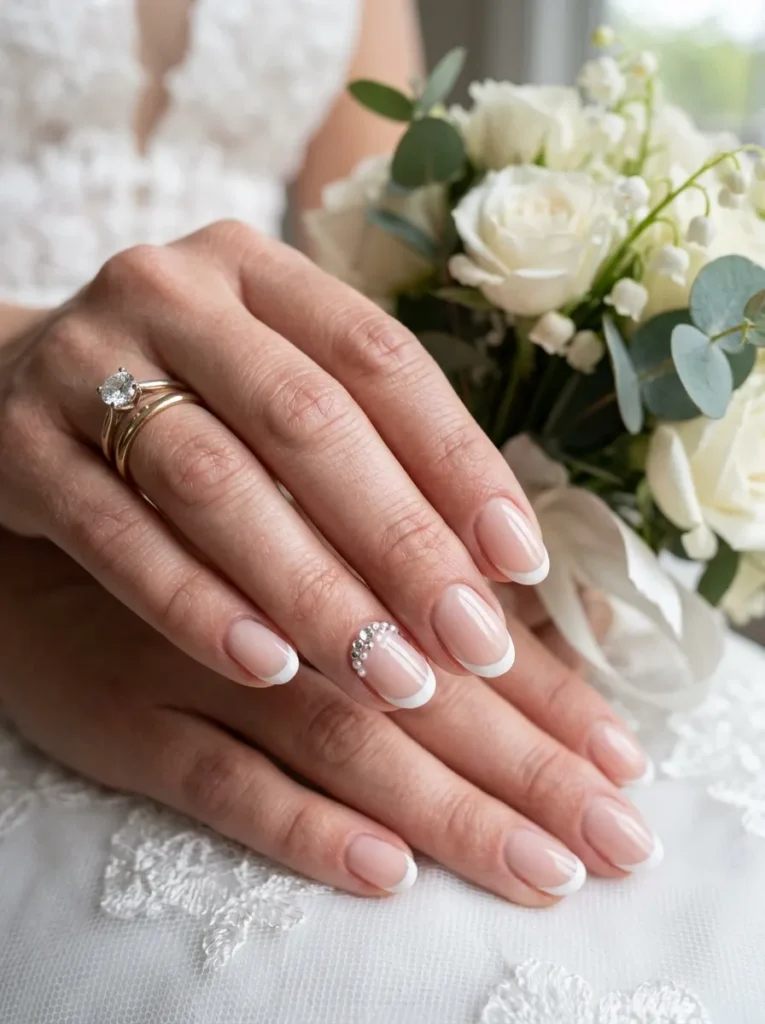 wedding nail ideas 2026 classic french manicure rhinestone accent nail oval