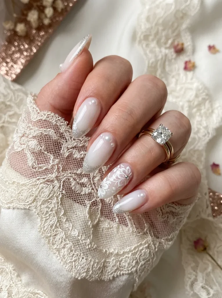 wedding nail ideas 2026 lace art pearl accents glitter french tip floral almond