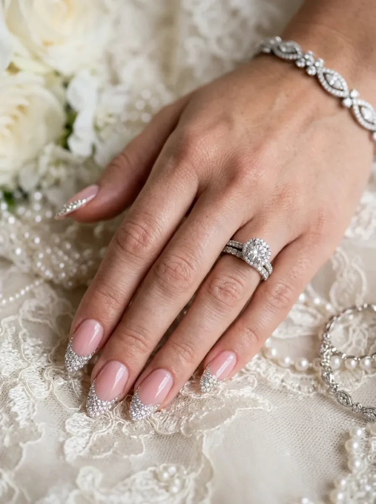 wedding nail ideas 2026 soft pink glitter diamond french tip almond nails