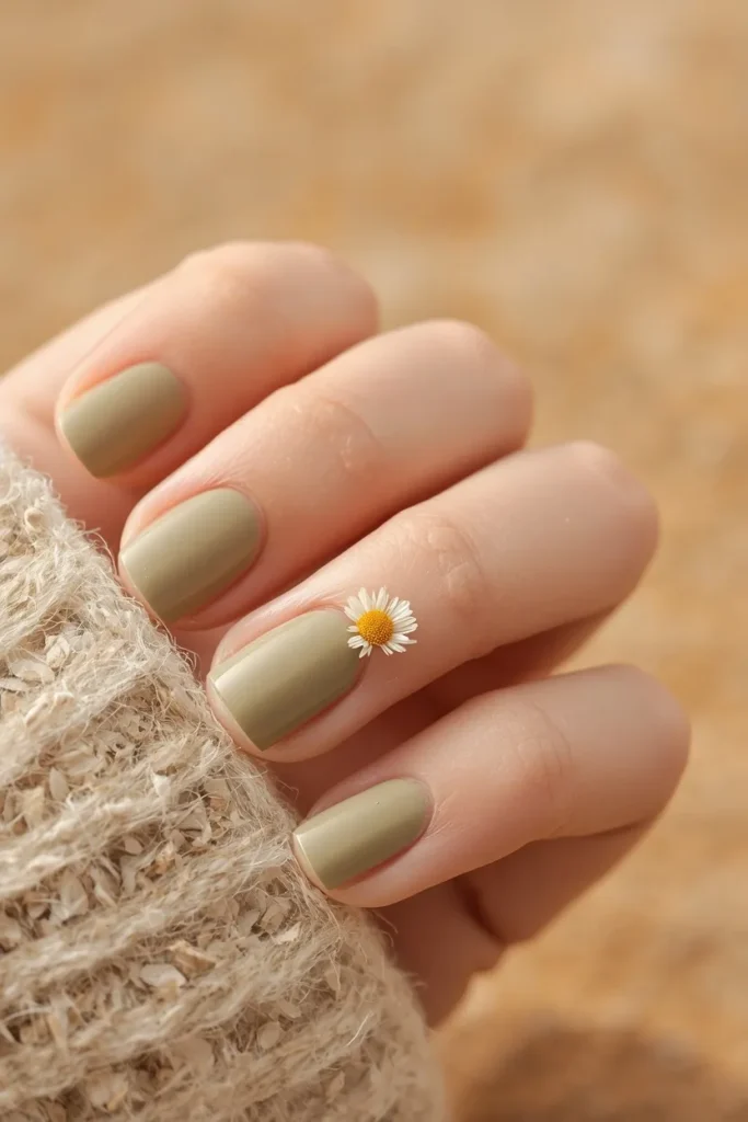 Close-up of short square sage green nails with a small white daisy accent on the middle finger, hand resting on a chunky knit sweater &mdash; sage nail color trend 2026