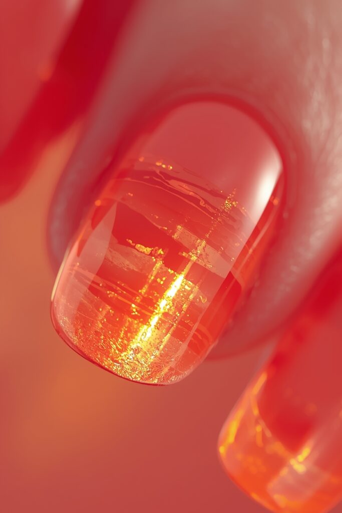 sunset jelly nails 2026 amber coral pink stained glass effect