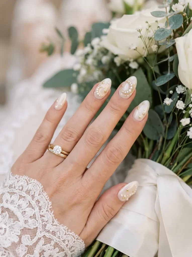 wedding nail ideas 2026 creamy ivory nails with pearl accents and gold details