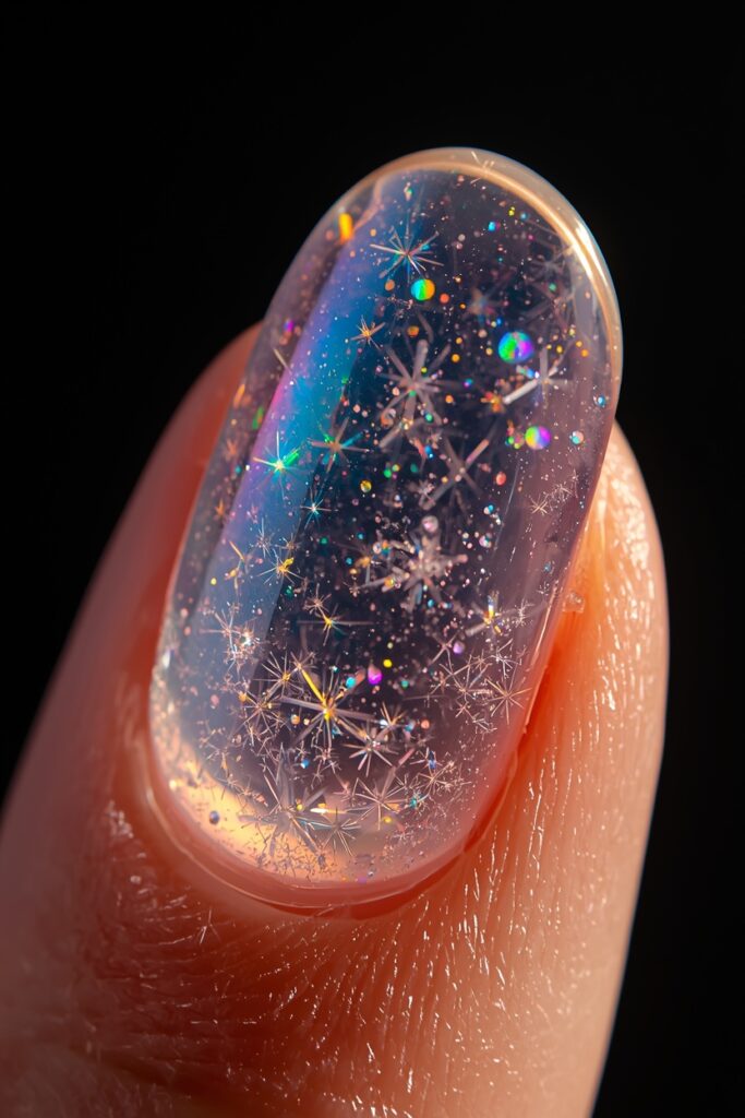 holographic jelly nails 2026 clear base rainbow shimmer starlight