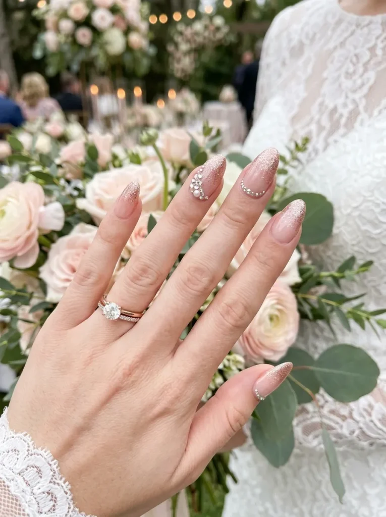 wedding nail ideas 2026 rose gold ombre nails with glitter fade crystal accents