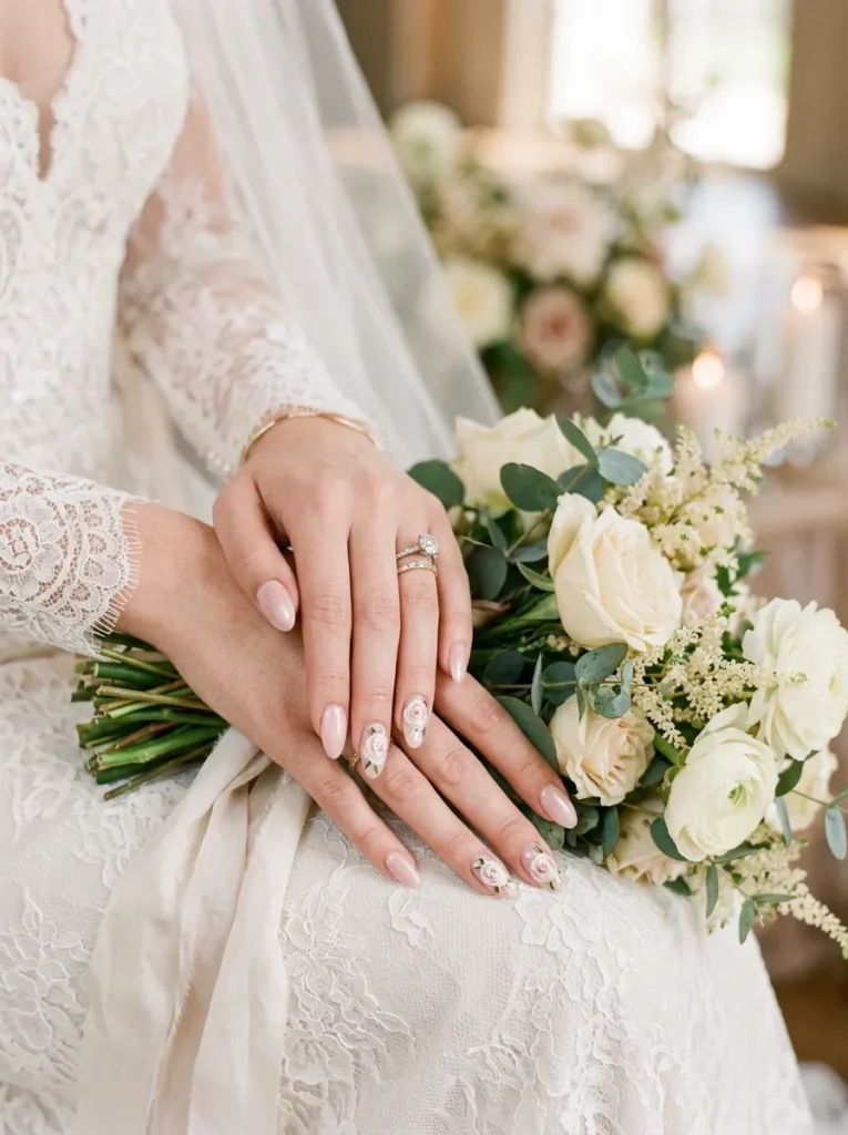 wedding nail ideas 2026 soft pink nails hand painted white rose nail art