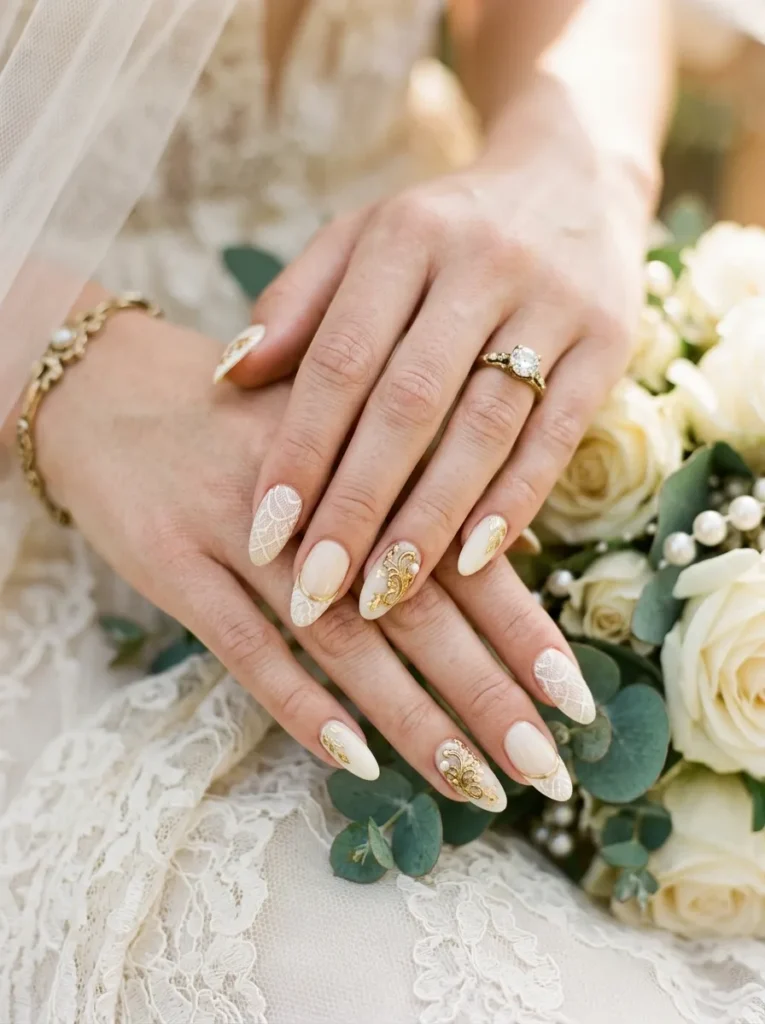 wedding nail ideas 2026 vintage lace nails with gold ornamental accents