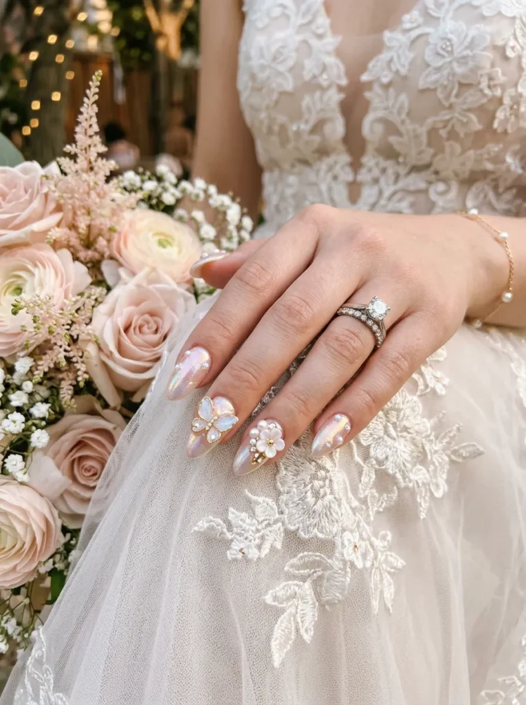 wedding nail ideas 2026 iridescent nails butterfly charms 3d floral pearl