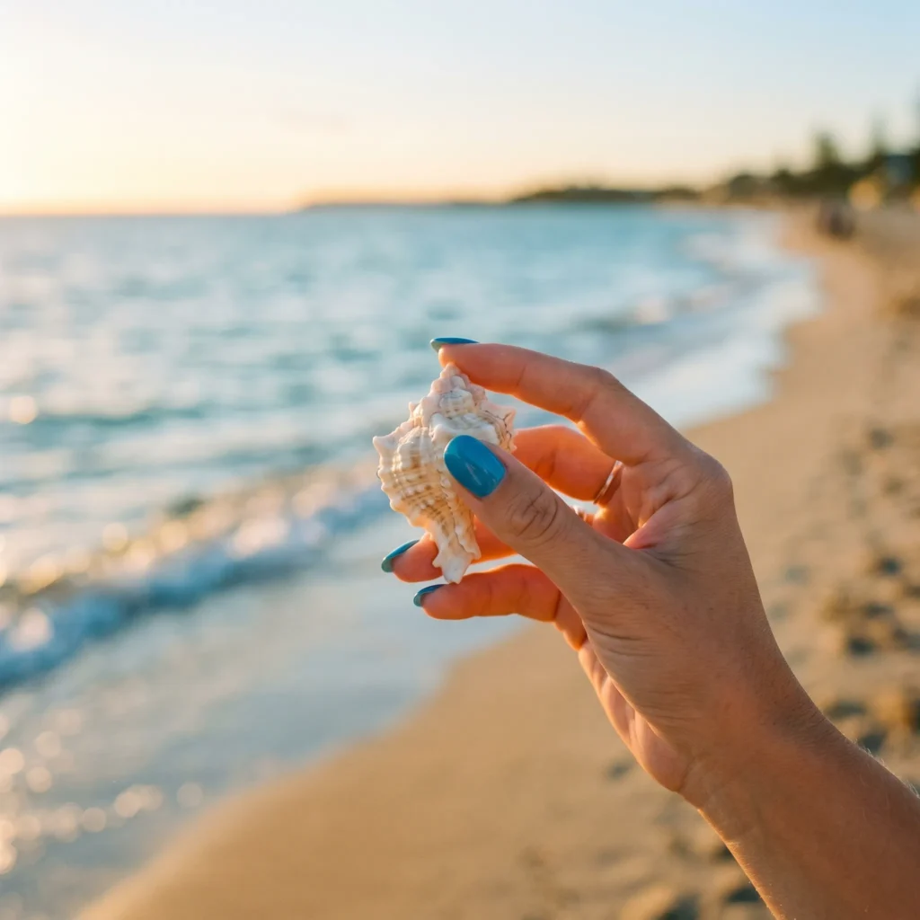 Hand with ocean-blue nails holding a seashell near a sandy beach at golden hour.