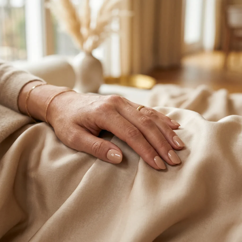 Hand with nude glossy nails resting on beige silk fabric in warm lighting.