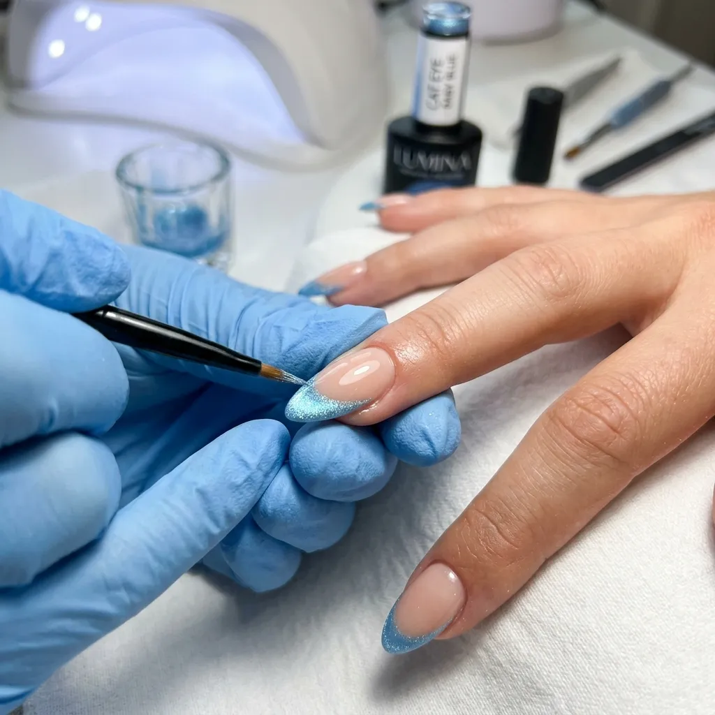 baby blue cat eye nails 2026 oval shape pale icy blue single streak