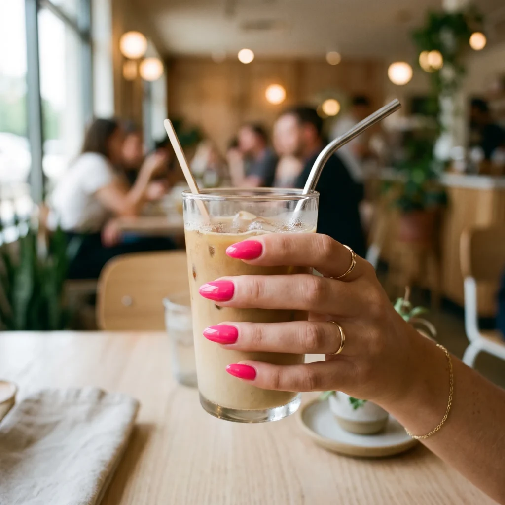 Hand with bright pink nails holding an iced drink in a blurred caf&eacute; setting.