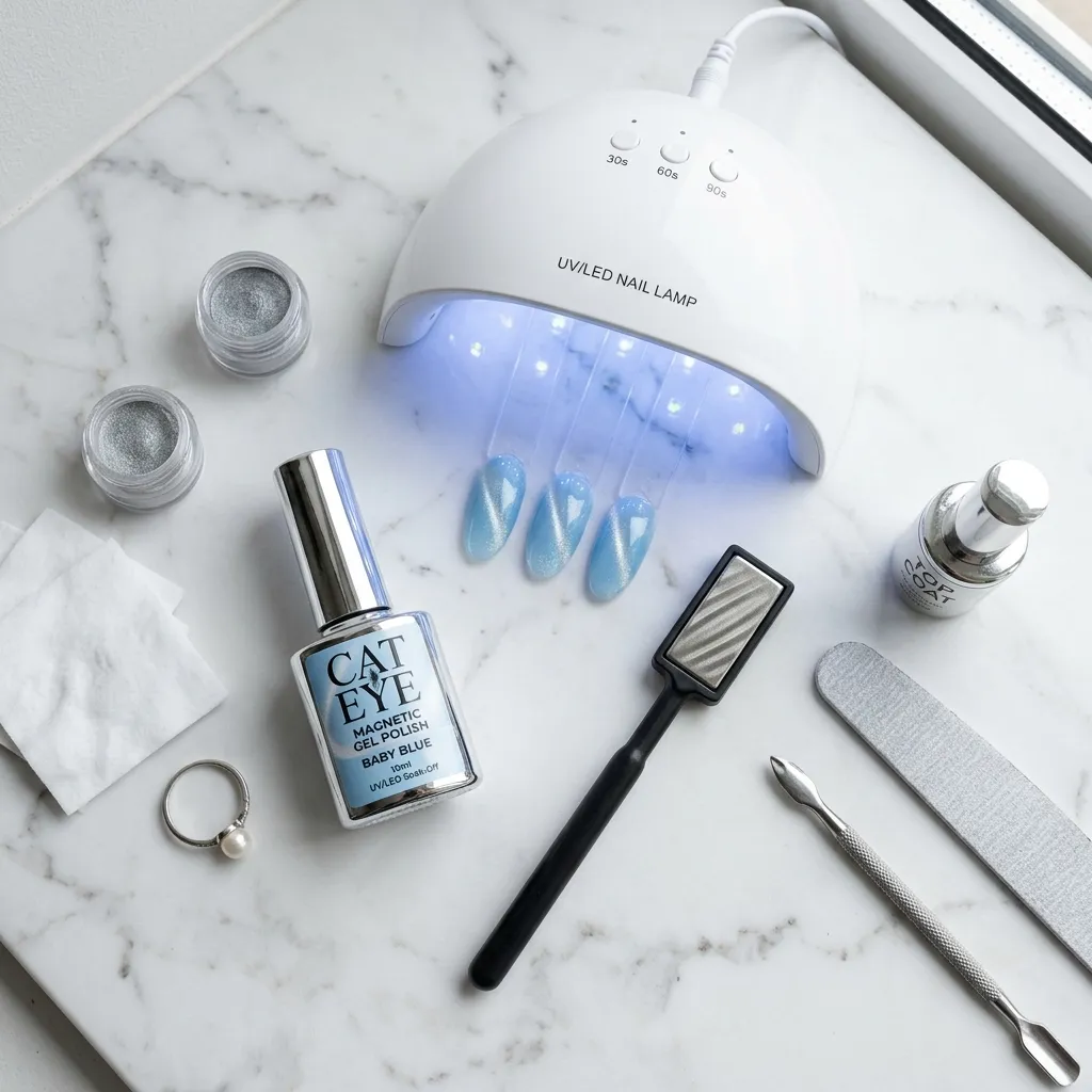 cat eye nail tools flat lay magnetic gel polish baby blue magnet wand LED lamp