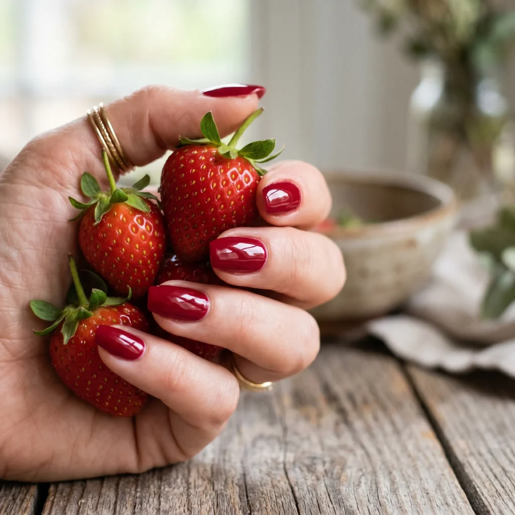 Hand with glossy strawberry red nails holding fresh strawberries in daylight.