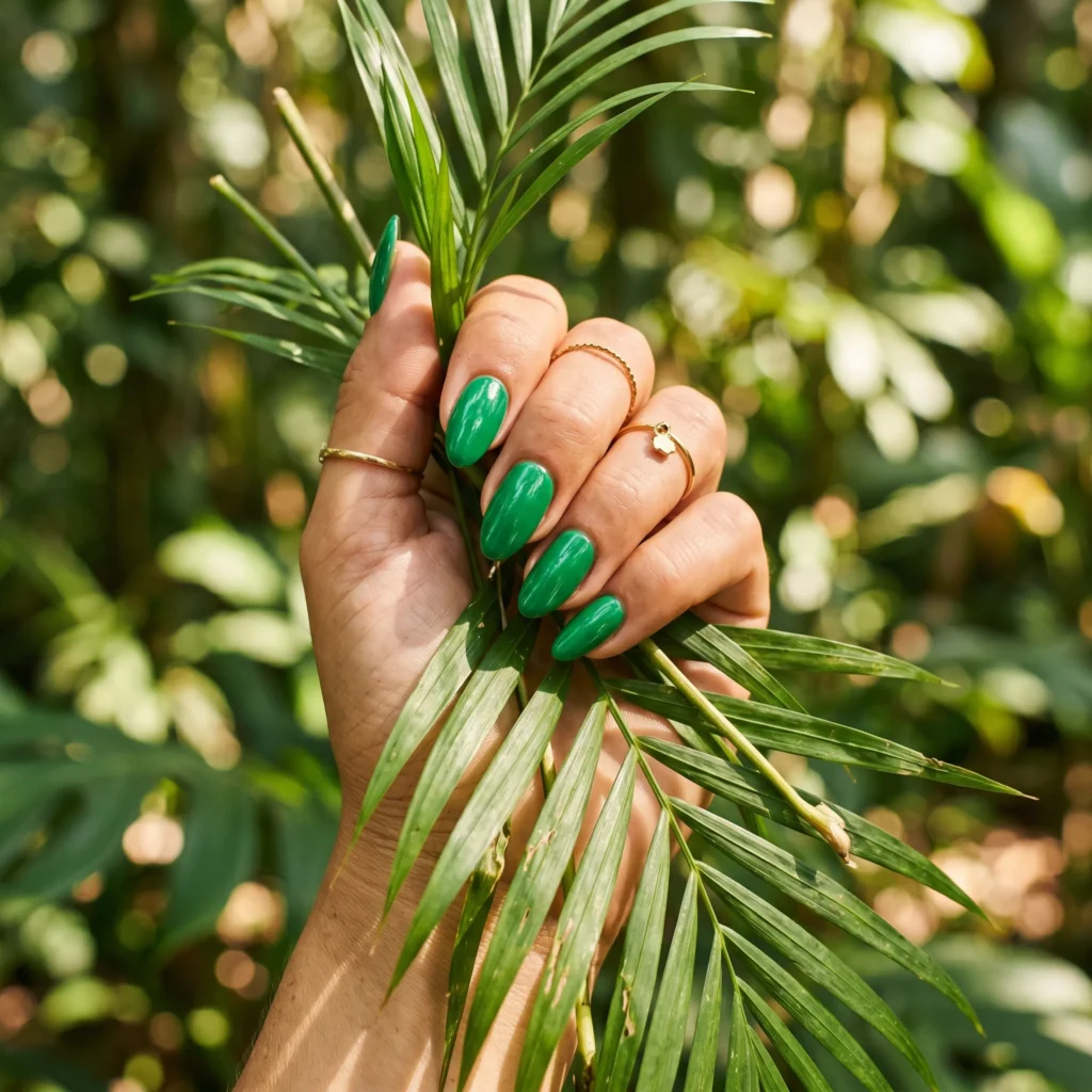 Hand with soft pink nails and floral accent nail near white flowers.