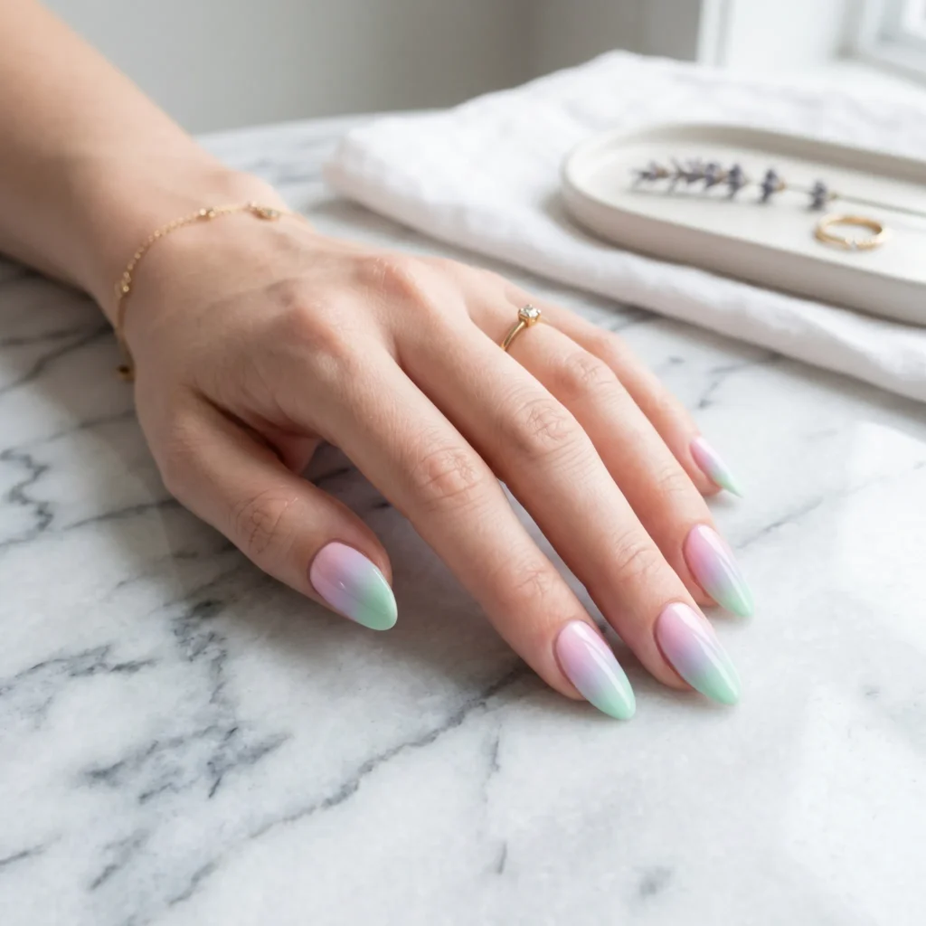 Hand showing pastel gradient nails on a white marble surface with soft lighting.