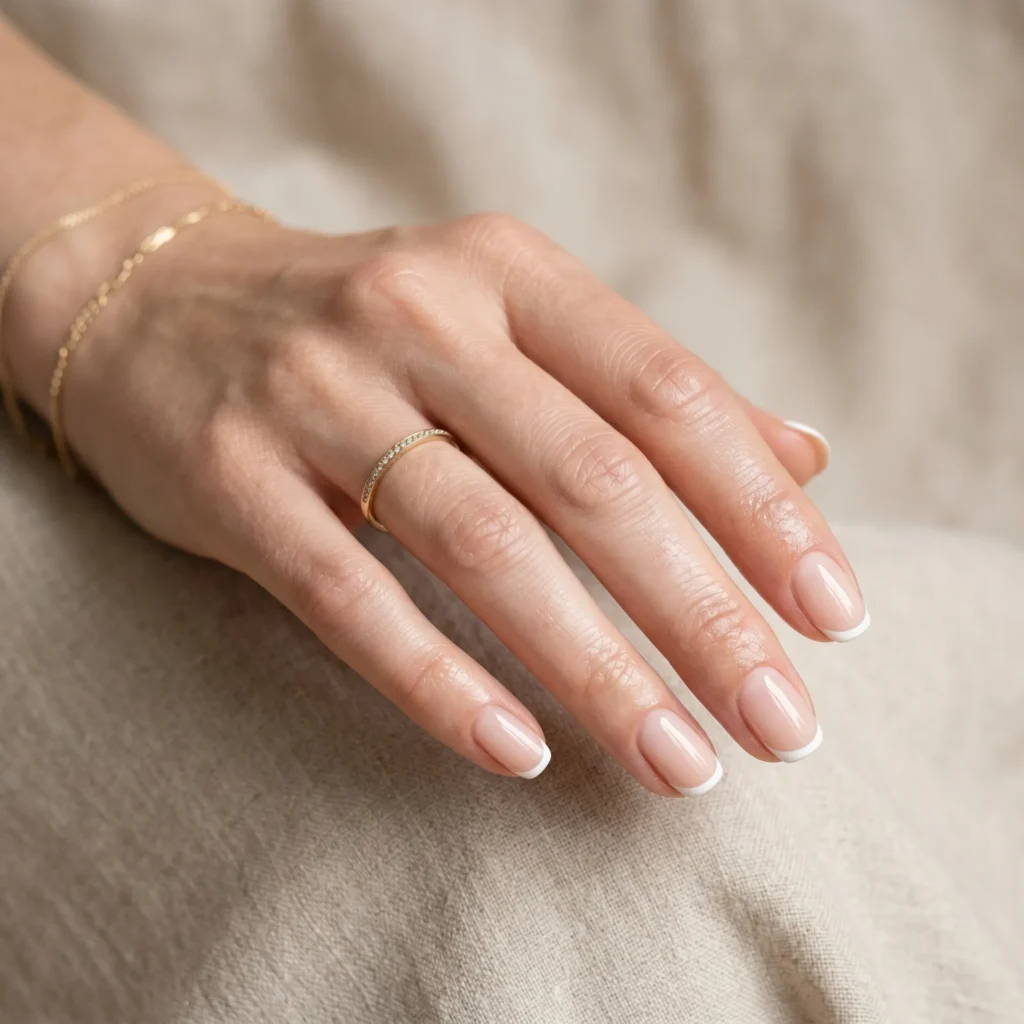 Hand with sunset ombre nails resting on stone with warm cinematic lighting.