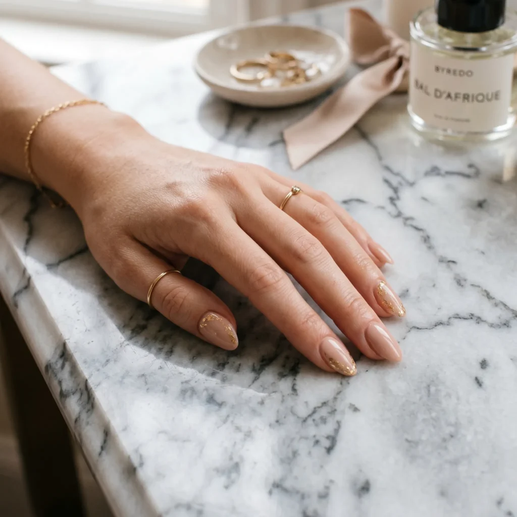 Hand with nude nails and gold foil accents on a marble surface.