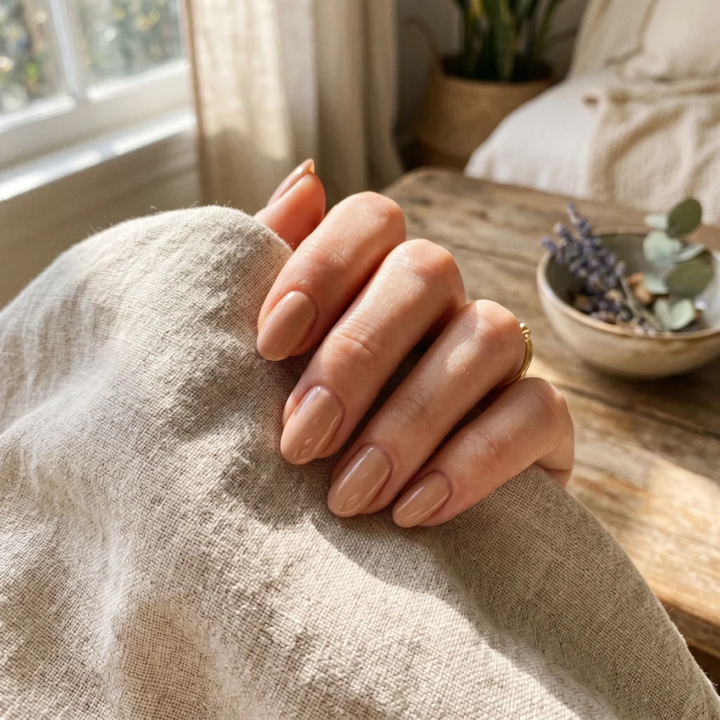 Hand with nude sun-kissed nails resting on sunlit linen fabric.