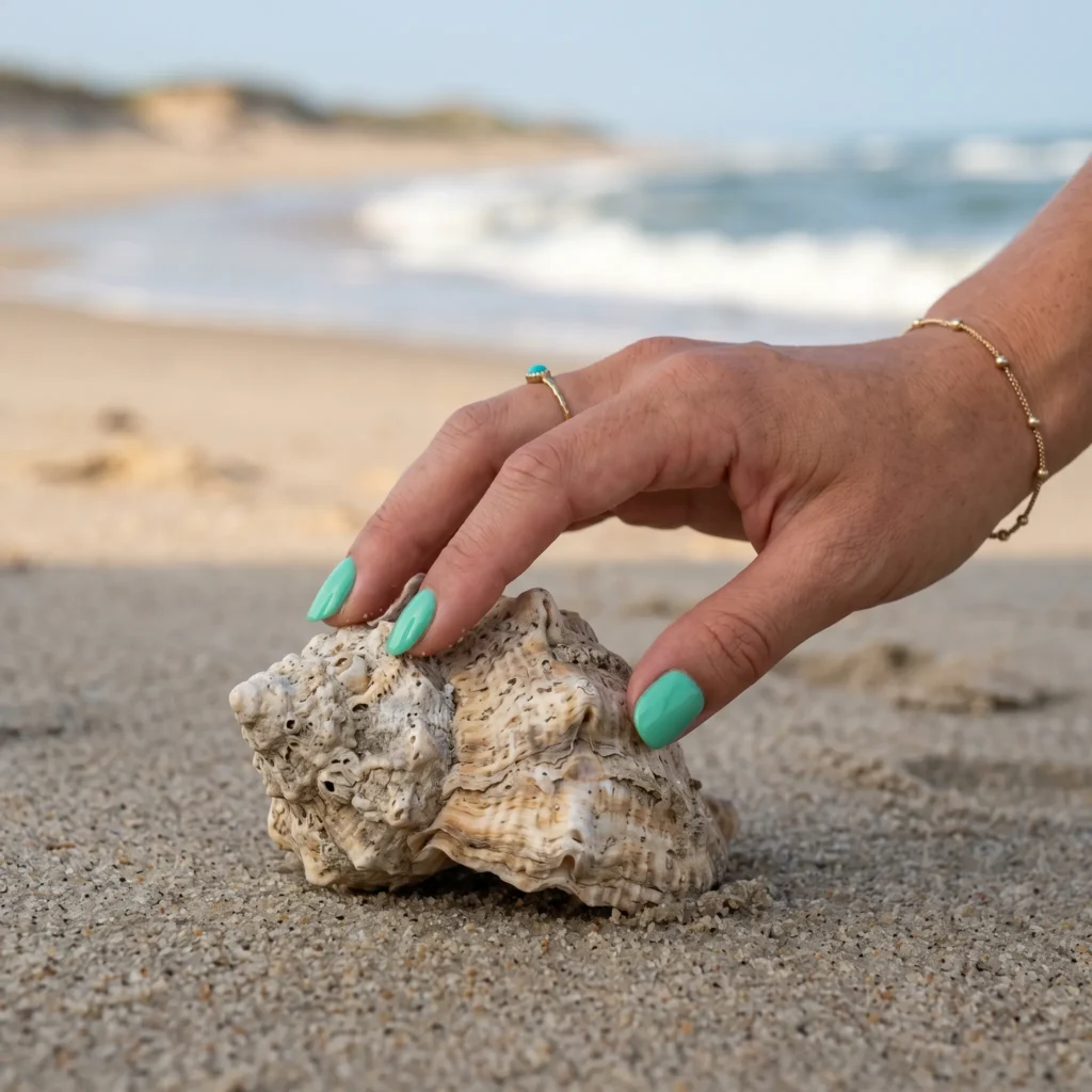Hand with seafoam green nails touching a seashell on a sandy beach.