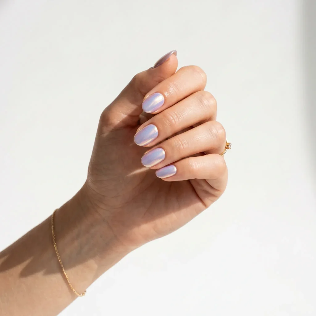 Hand with chrome pastel nails reflecting sunlight in a white studio setup.
