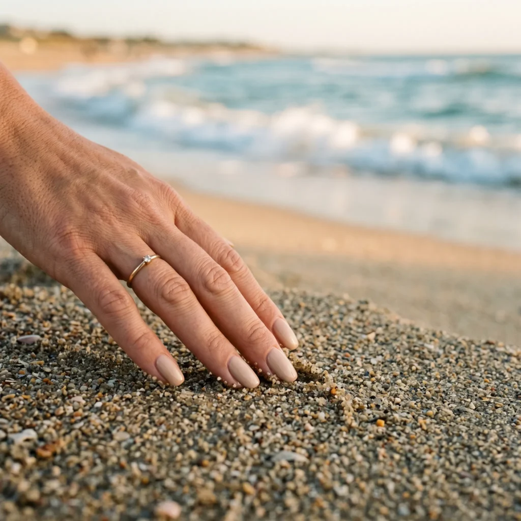 Hand with beige nails touching beach sand with ocean blurred in background.