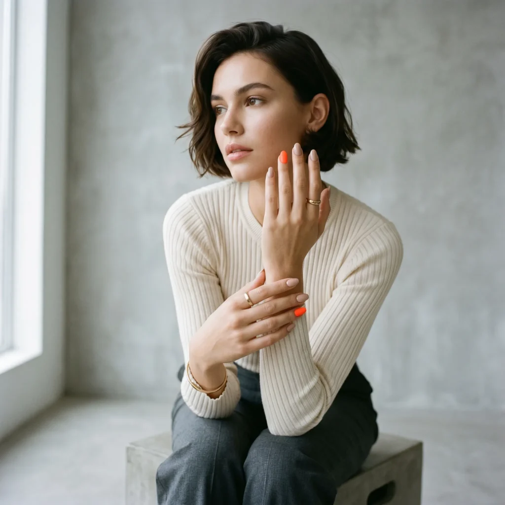 Hand with neutral nails and neon accent finger in a modern studio setup.