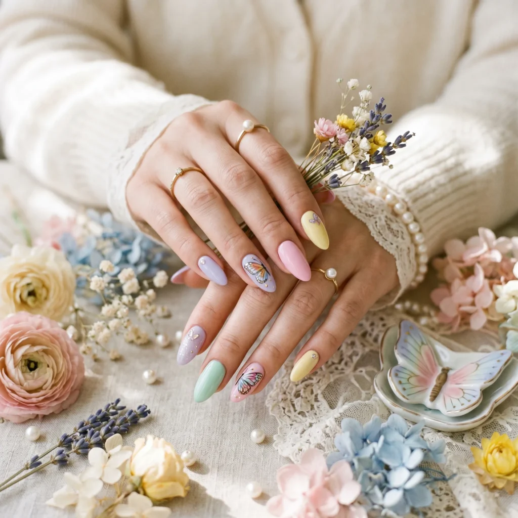 Hand with pastel nails and butterfly nail art in a dreamy soft pastel setup.