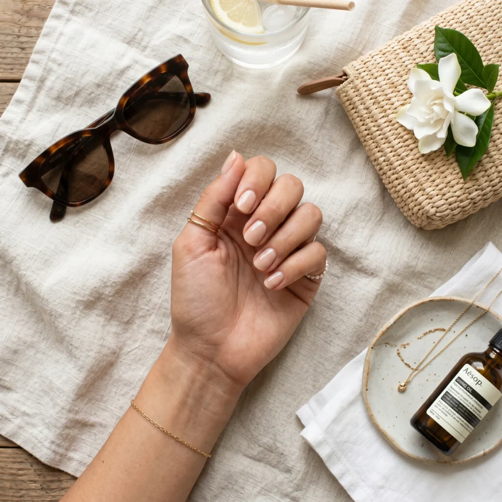 Top-down view of manicured hand with neutral nails surrounded by sunglasses and linen on a clean surface.