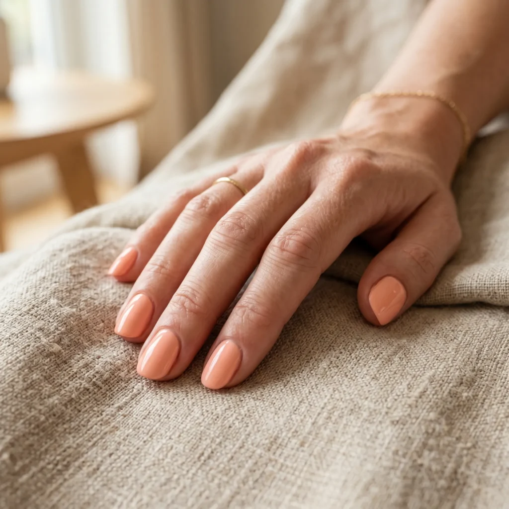 Hand with soft peach glossy nails resting on beige linen in natural sunlight.