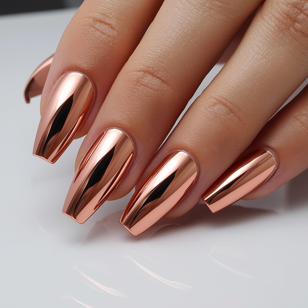 spring nail ideas 2026 with chrome mirror nails in silver reflective finish on coffin shape