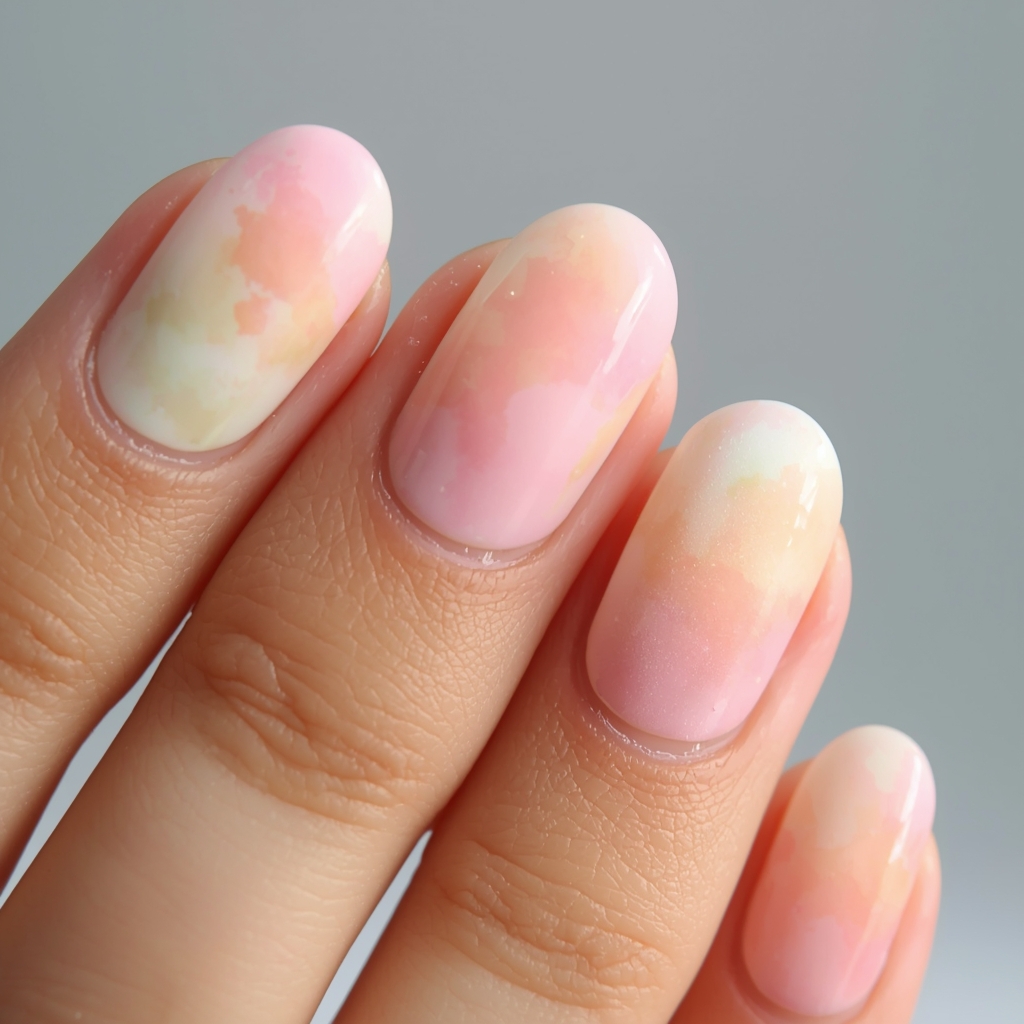 spring nail ideas 2026 with soft watercolor pastel nails in pink peach and mint tones